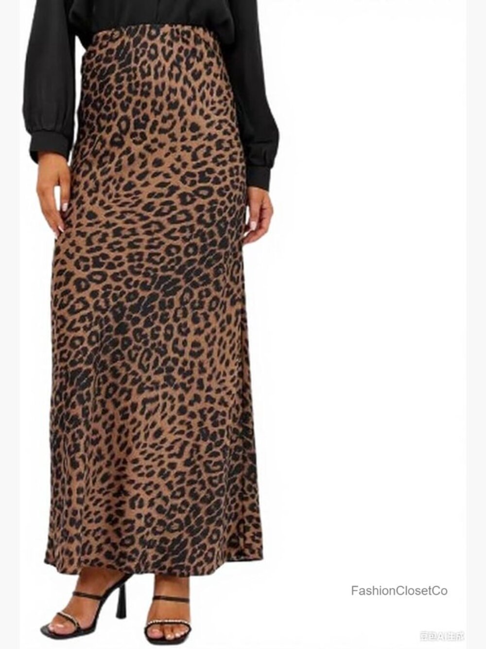 Satin Leopard Maxi Skirt High Waist Elastic A-Line Long Skirt